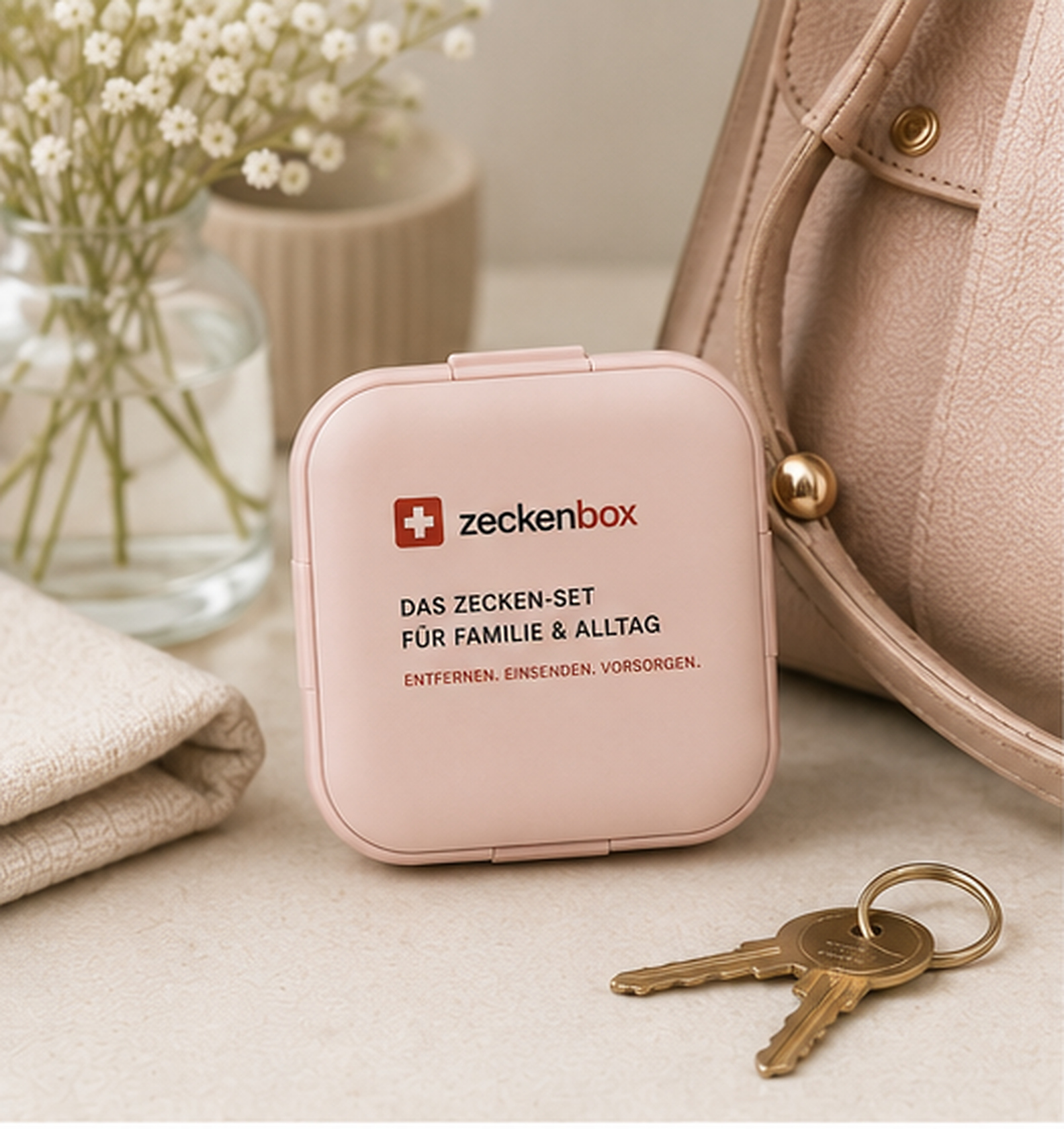 ZeckenBox Urban in Rosé neben Handtasche und Schlüsselbund — das Zecken-Set für Familie und Alltag