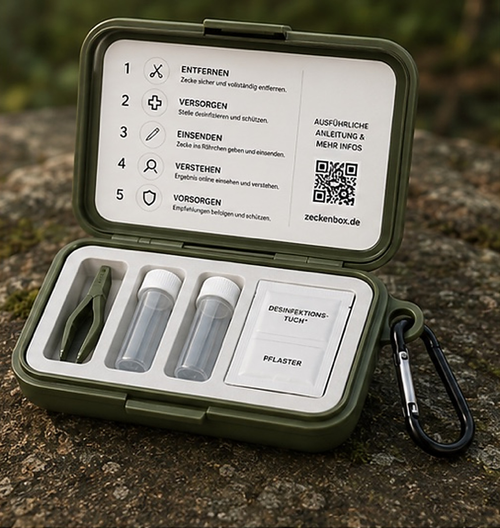 Die geöffnete ZeckenBox Outdoor auf einem Stein: Zange, zwei Probenröhrchen, Desinfektionstuch und Pflaster — im Deckel die Fünf-Schritte-Anleitung mit QR-Code